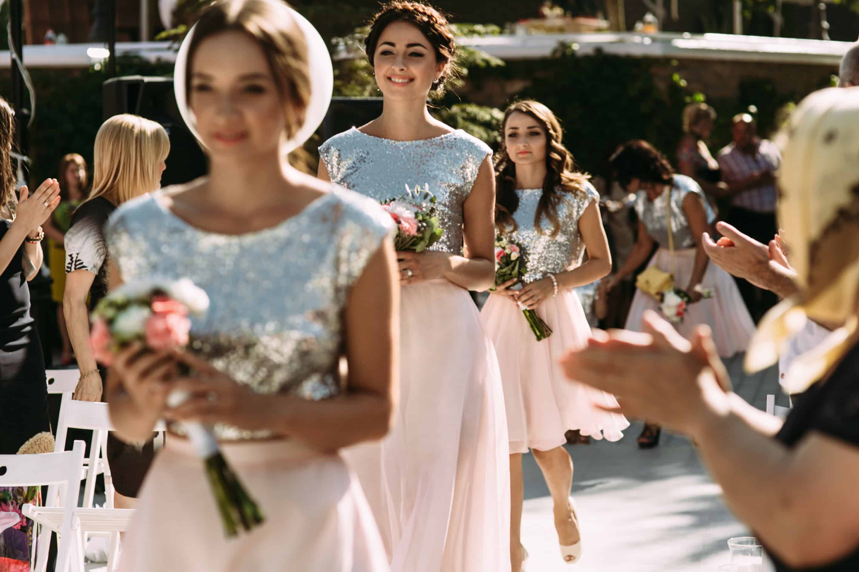 Glamorous bridesmaids  entering the wedding ceremony, Heritage Center of Brooklyn Center.