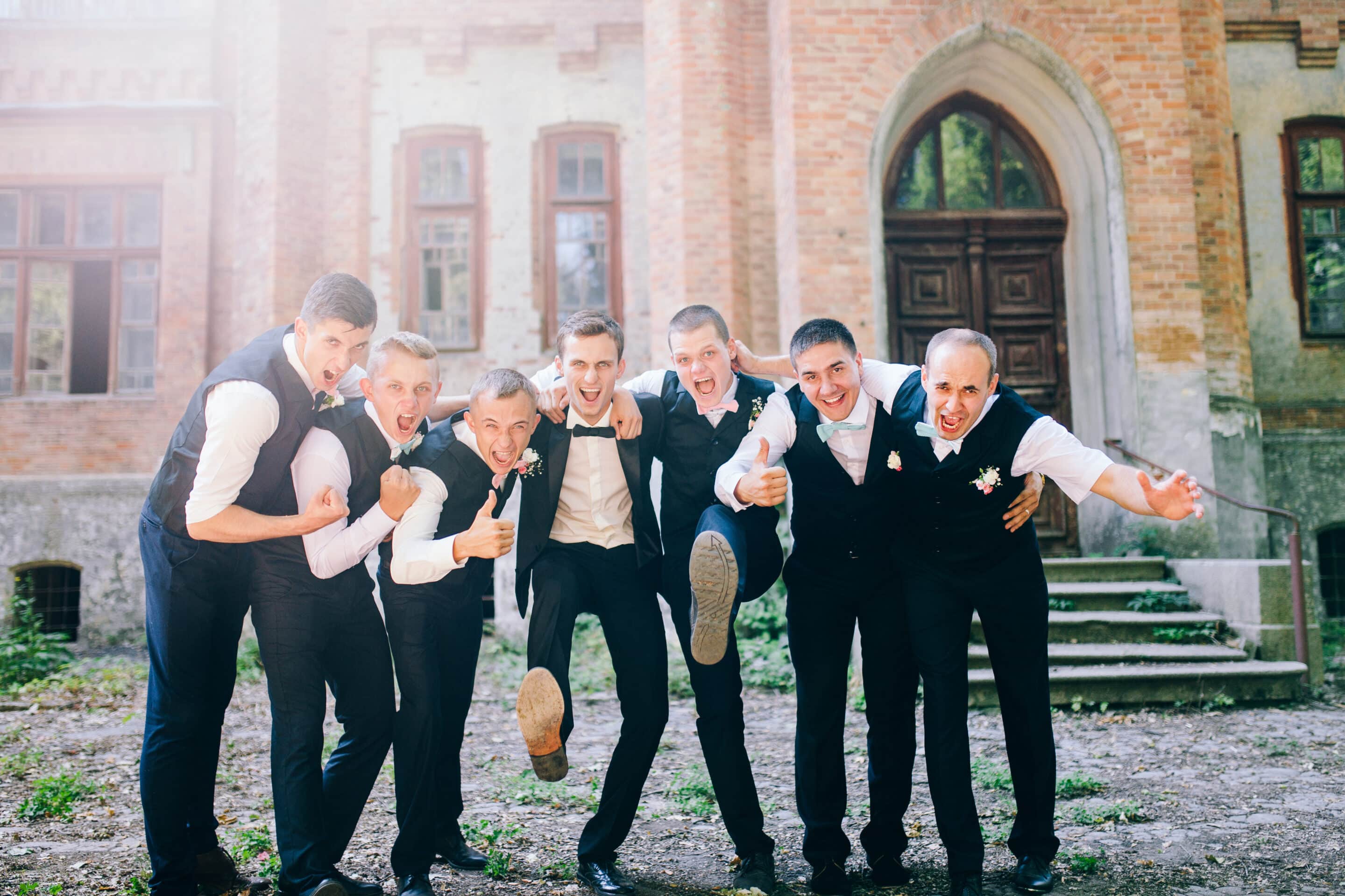 Groomsmen entering wedding reception, Heritage Center of Brooklyn Center.