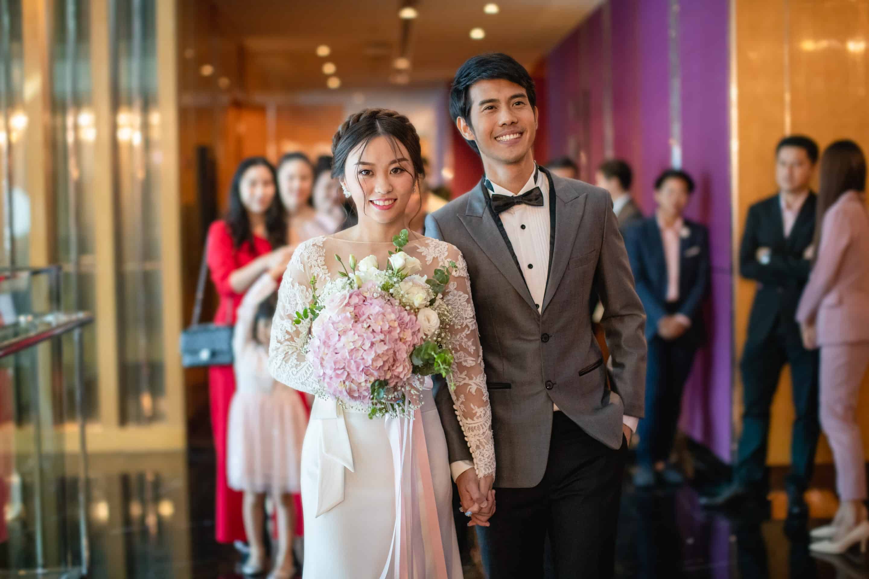 Bride and groom walking into wedding ceremony, Heritage Center of Brooklyn Center.